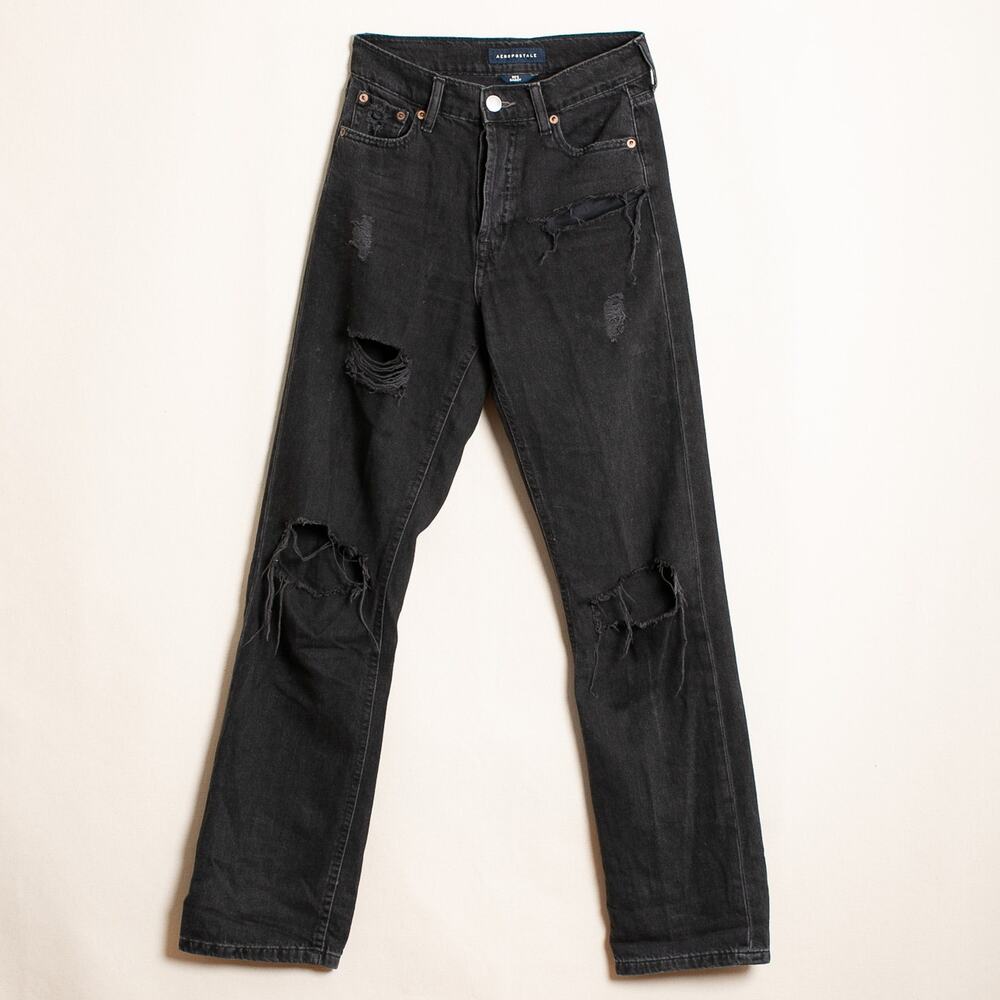 Aeropostale 90s Baggy Distressed Black Jeans Size 00 Reg Button Fly Grunge